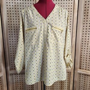 Adrienne Vittadini Yellow Geometric Print Long Sleeve Blouse Top